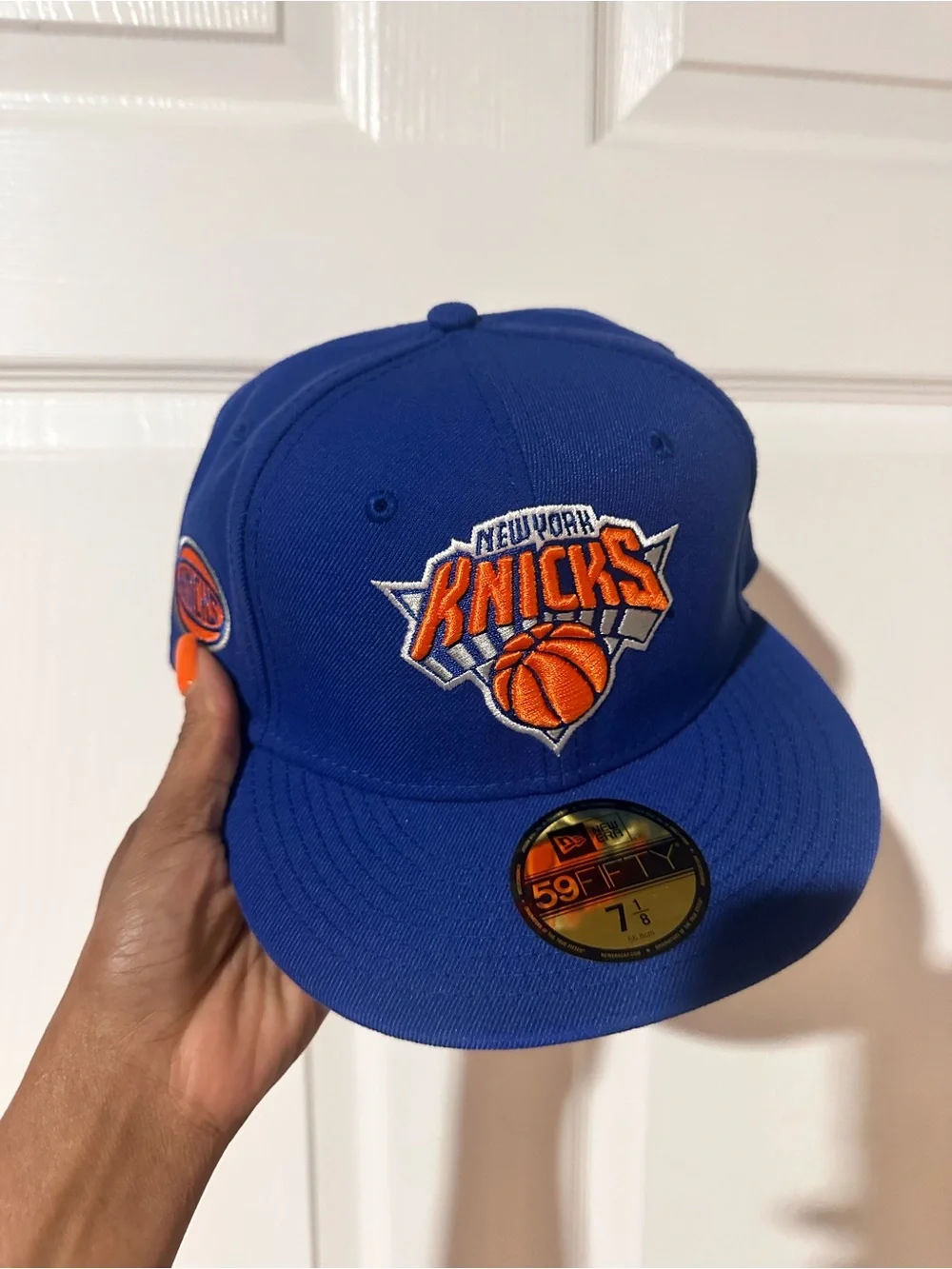 New Era Royal Blue New York Knicks Fitted Hat with Orange Logo